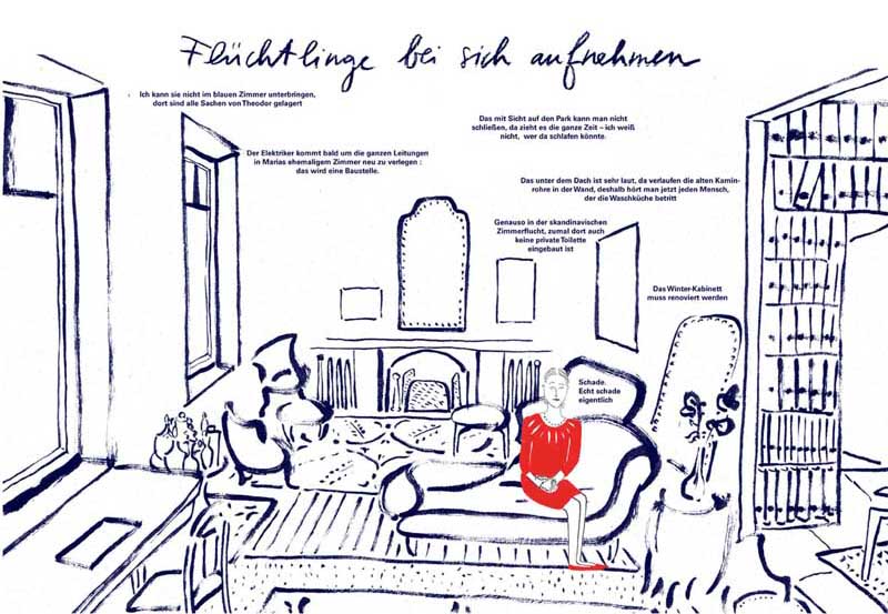 Ce dessin à l'encre bleue est la commande finale. Il montre un salon dans le style d'un magazine d'ameublement où une femme assise, vêtue d'une robe rouge, réfléchit à pourquoi elle ne peut pas accueillir de personnes réfugiées. 