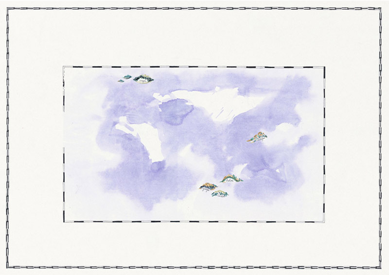 Ink drawing. Here, only two frames are visible (a large one and a small one), drawn with a pen. In the middle are areas of watercolour-like paint, suggesting seas. Five islands are distributed and drawn in ink in the final version.   