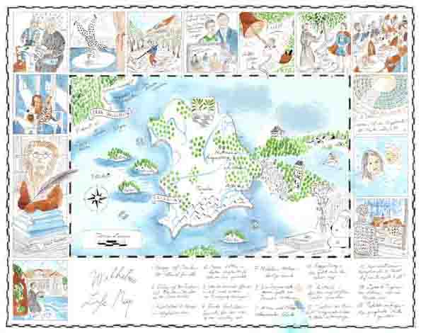 Dies ist eine Auftragszeichnung. Die Tusche Illustration, aquarelliert, erinnert an eine antike Landkarte. Viele Details sind überall zu sehen: Flüsse, Inseln, Wälder. Texte in Handschrift sind in den Gewässer zu lesen. Die feine Zeichnung ist mit Pinsel und Feder gezeichnet. Es herrschen die Farben Türkis Blau und Verdura Grün.