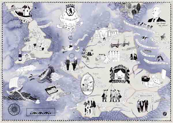 Dies ist eine Auftragszeichnung. Die Tusche Illustration, aquarelliert, erinnert an eine antike Landkarte. Viele Details sind überall zu sehen: Flüsse, Menschen, Gebäude. Ein Kompass und ein Porträt sind mit dabei. Viele Texte in filigraner Schrift sind ebenfalls vorhanden, als Legende zu den ausgesuchten gezeichneten Symbolen. Die feine Zeichnung ist mit Pinsel, Feder und Tusche gezeichnet.      Die Farben: Blau, Schwarz, Sepia und Weiß. 