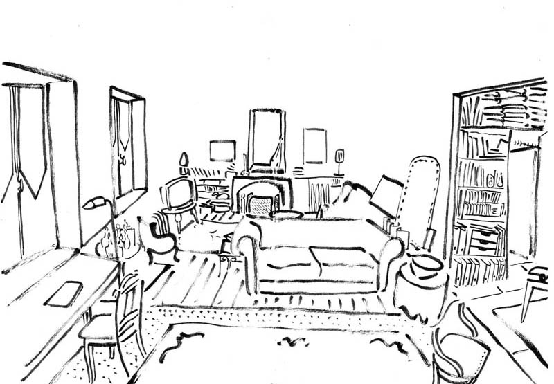 Esquisse noir et blanc sur fond blanc. Le dessin à l'encre au pinceau montre un salon dans le style d'un magazine d'architechture intérieure. 