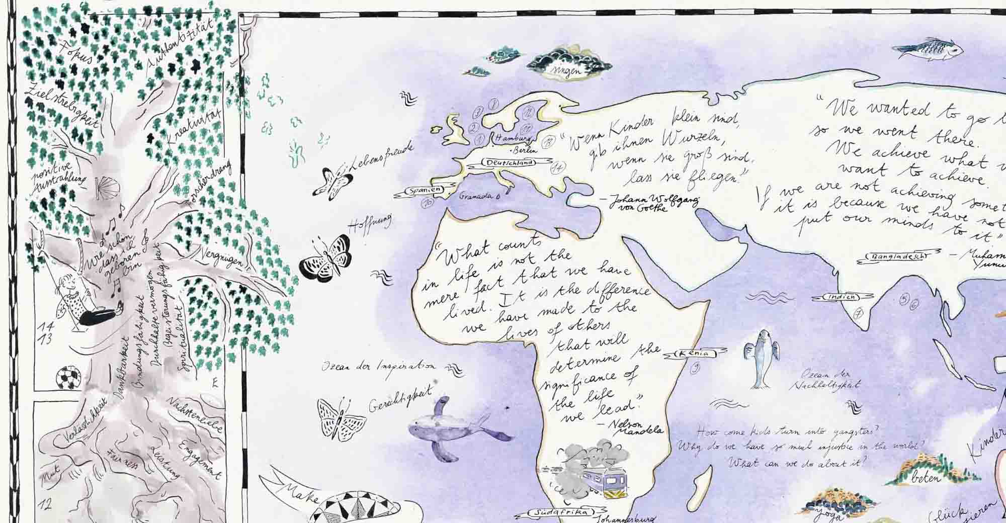 Tusche Illustration, aquarelliert, die an eine antike Seefahrerkarte erinnert. Viele Texte in Handschrift füllen die "Landmassen". Links ist ein großer Baum in dem ein Mädchen in einer Schaukel sitzt. Es sagt „Wie schön, dass ich geboren wurde“. Viele Details sind überall zu sehen, Vogel, Fische, Inseln, Kompass. Die feine Zeichnung ist mit Pinsel, Feder und Tusche gezeichnet.